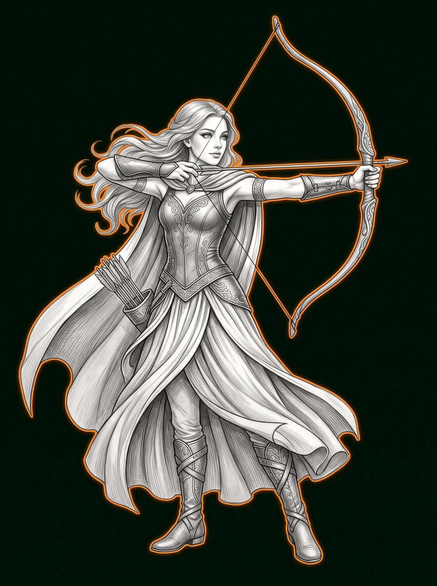 Illustration of an elegant archer drawing her longbow, outlined in orange light