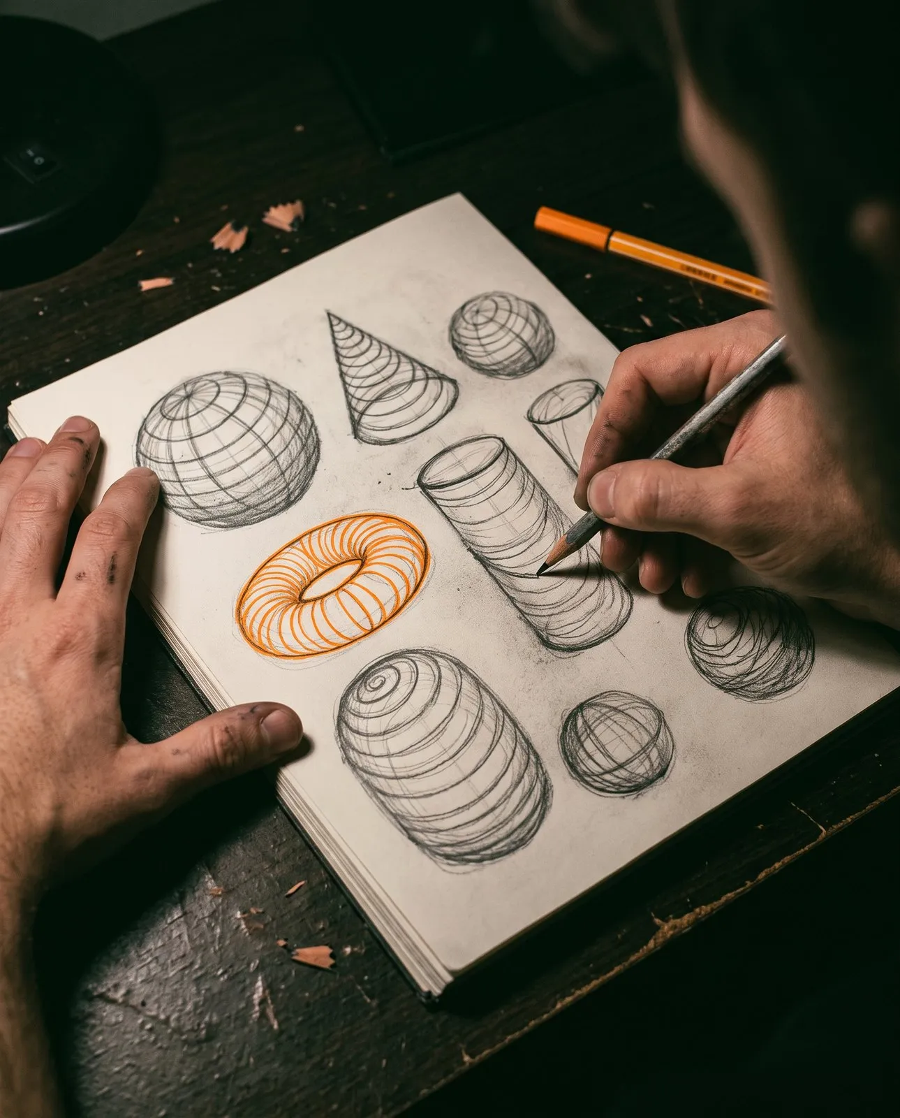 An artist sketching simple forms wrapped in cross-contour lines, with one torus traced in orange