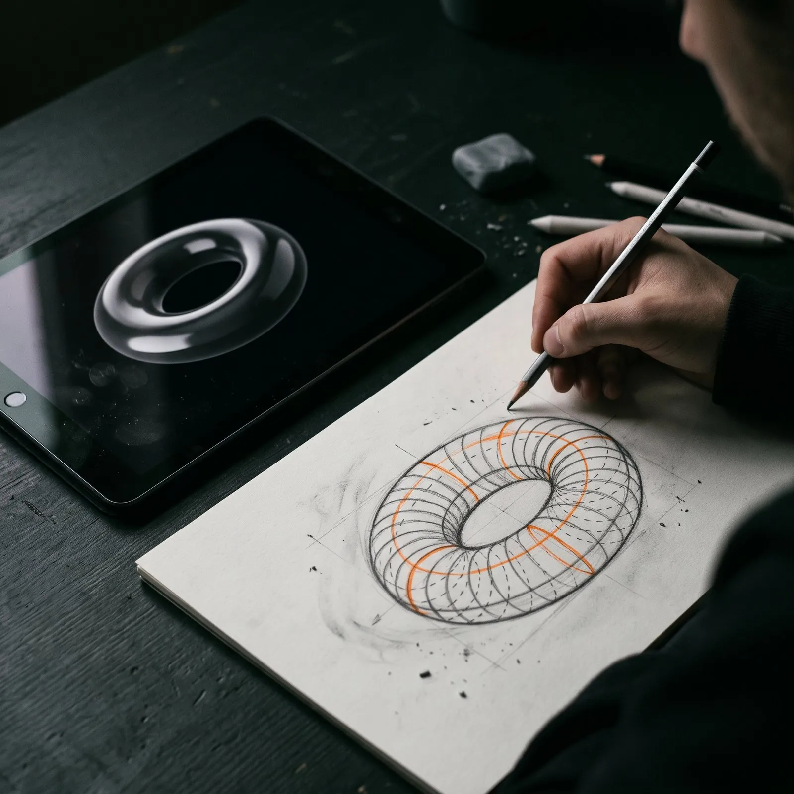 A tablet shows a glossy 3D torus while an artist draws it on paper with cross-contour loops